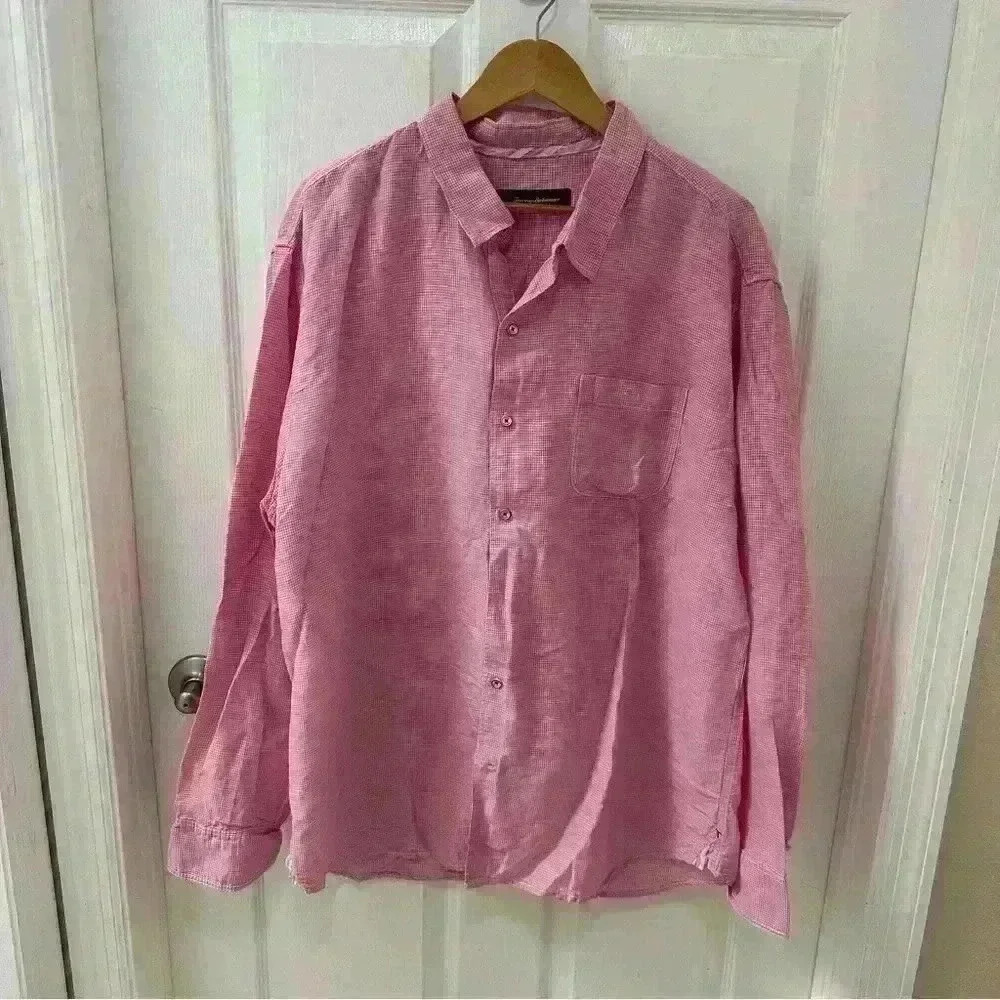 Tommy Bahama Linen Blend Gingham Button Down Pink White Mens XXL TTG Shirt